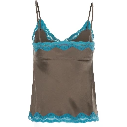 brown Top with spaghetti straps and lace details in fabric for women