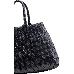 Handbag Santa Croce with Two Top Handles and Woven Design in Black Leather for Women
