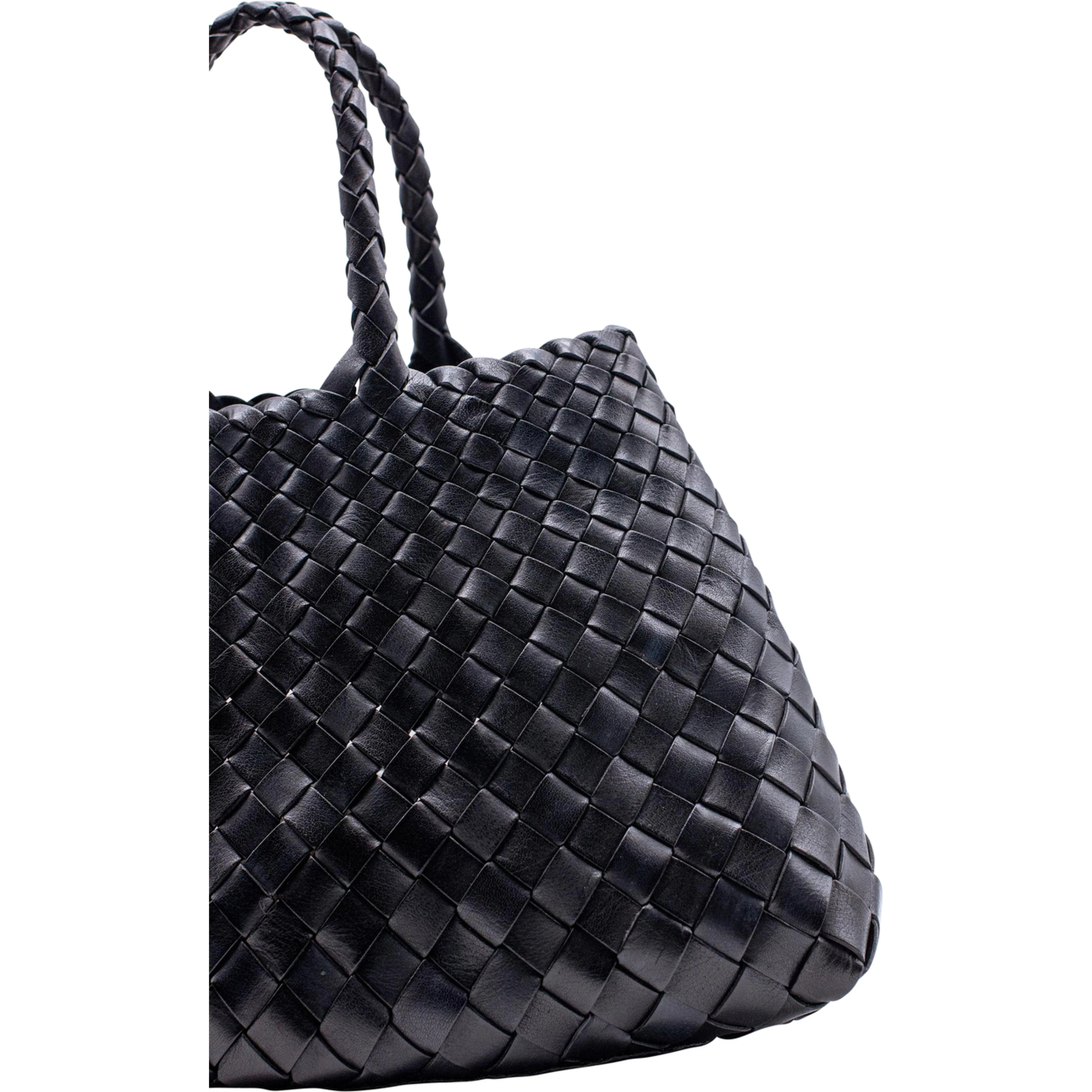 Handbag Santa Croce with Two Top Handles and Woven Design in Black Leather for Women