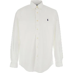 Shirt Custom Fit Oxford with Button Down Collar and Pony Embroidery on the Front in White Cotton for Men