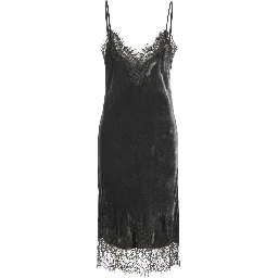 Grey Dress with Spaghetti straps and lace details in velvet for women