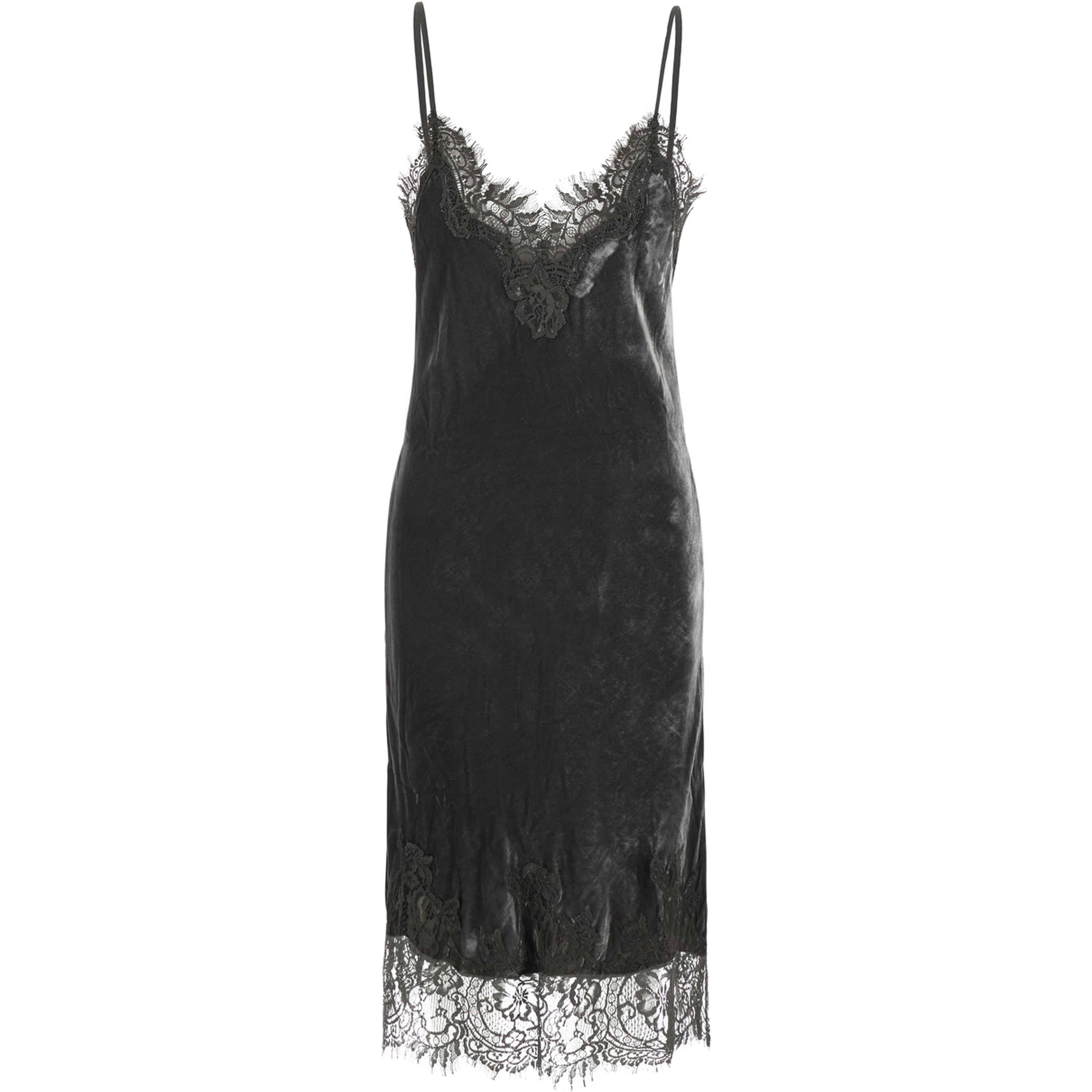 Grey Dress with Spaghetti straps and lace details in velvet for women