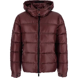 Bordeaux jacket with fixed hood and logo patch on the sleeve in glossy Tech Fabric for men