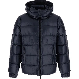 blue Down jacket with fixed hood and logo patch on the sleeve in glossy Tech Fabric for men