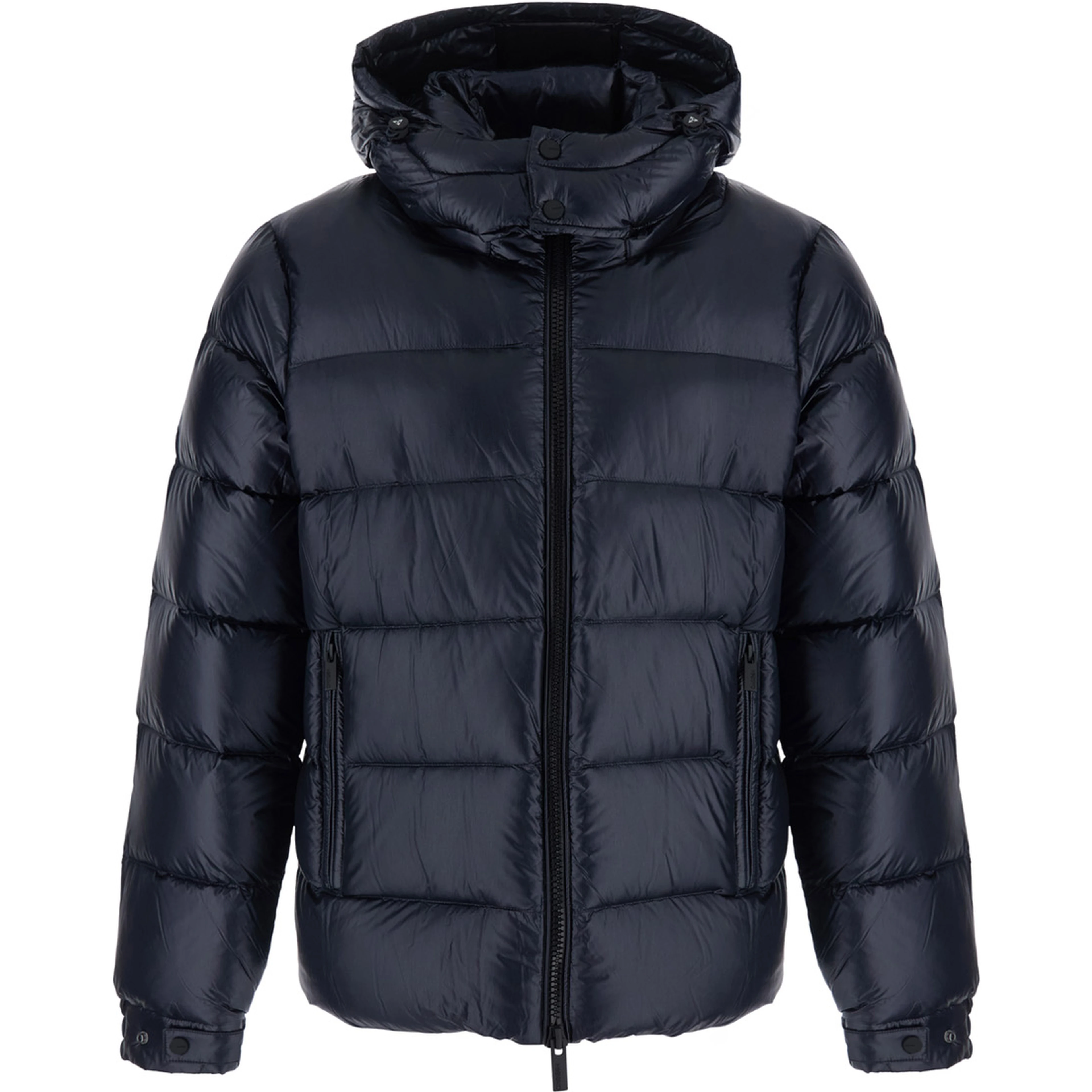 blue Down jacket with fixed hood and logo patch on the sleeve in glossy Tech Fabric for men