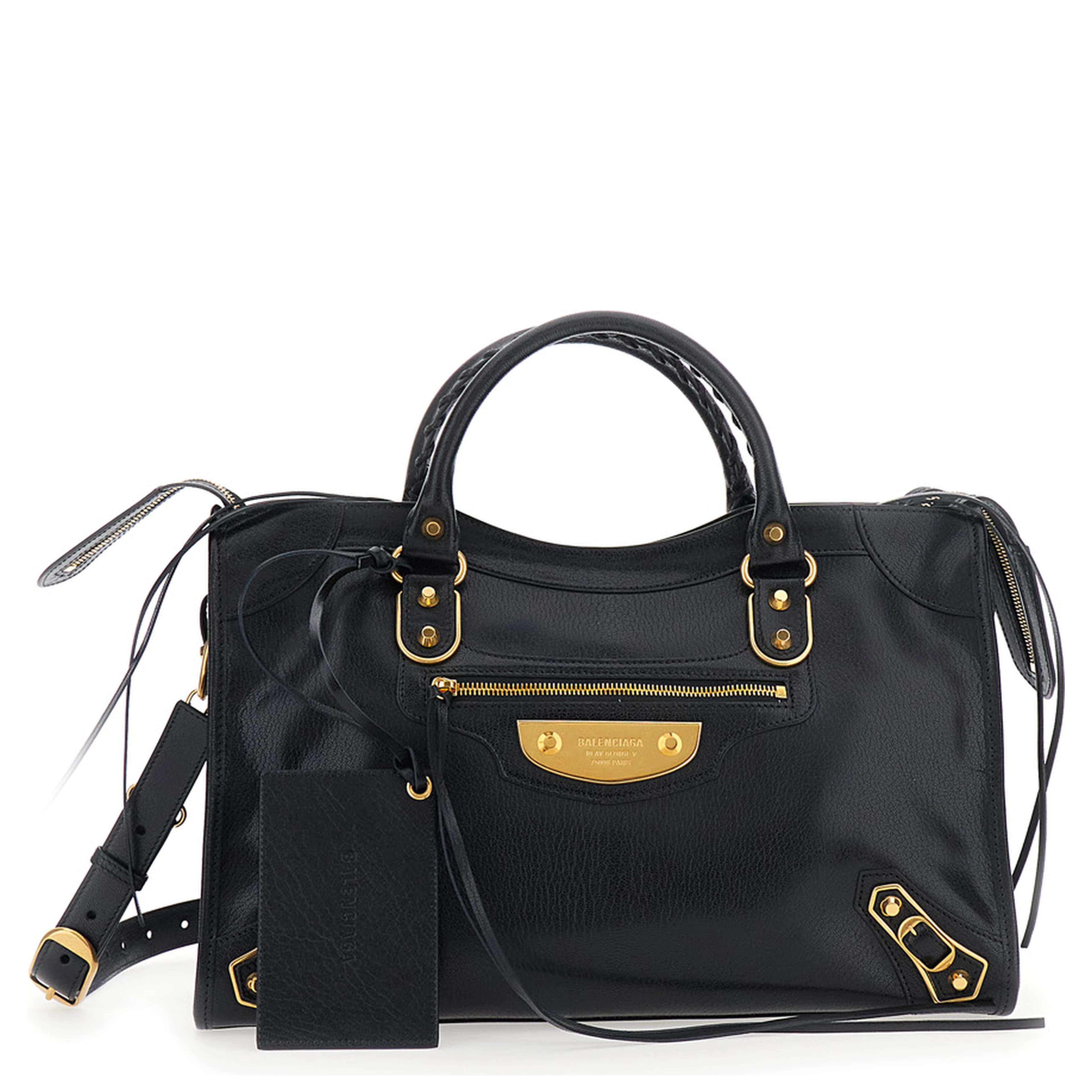 Le City Uptown Black Handbag with Adjustable and Removable Shoulder Strap and Front Zip Pocket in Leather for Women