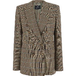 Beige Double-Breasted Jacket with Peak Lapels and Check Motif in Wool Blend for Women
