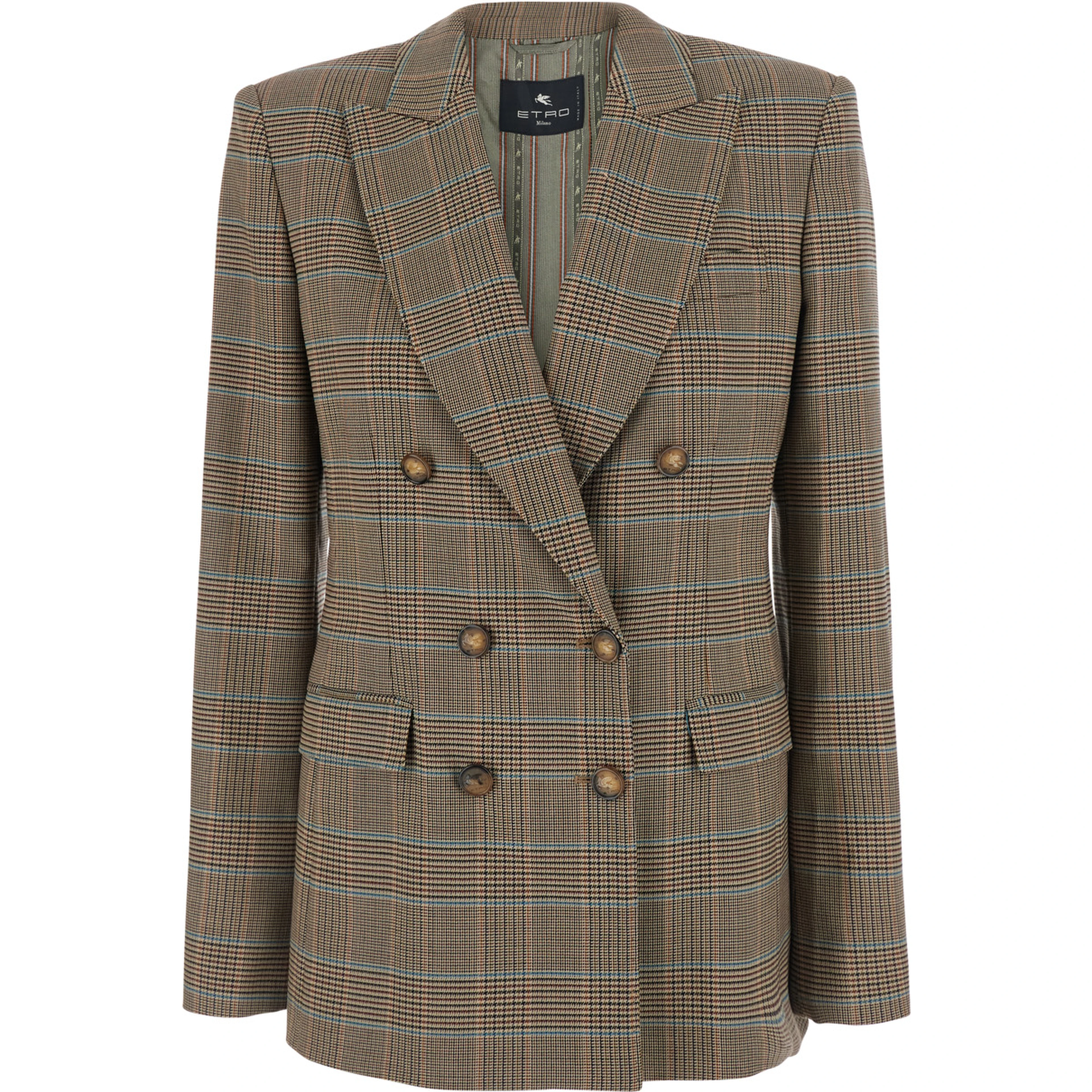 Beige Double-Breasted Jacket with Peak Lapels and Check Motif in Wool Blend for Women