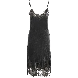 Grey Dress with Spaghetti straps and lace details in velvet for women