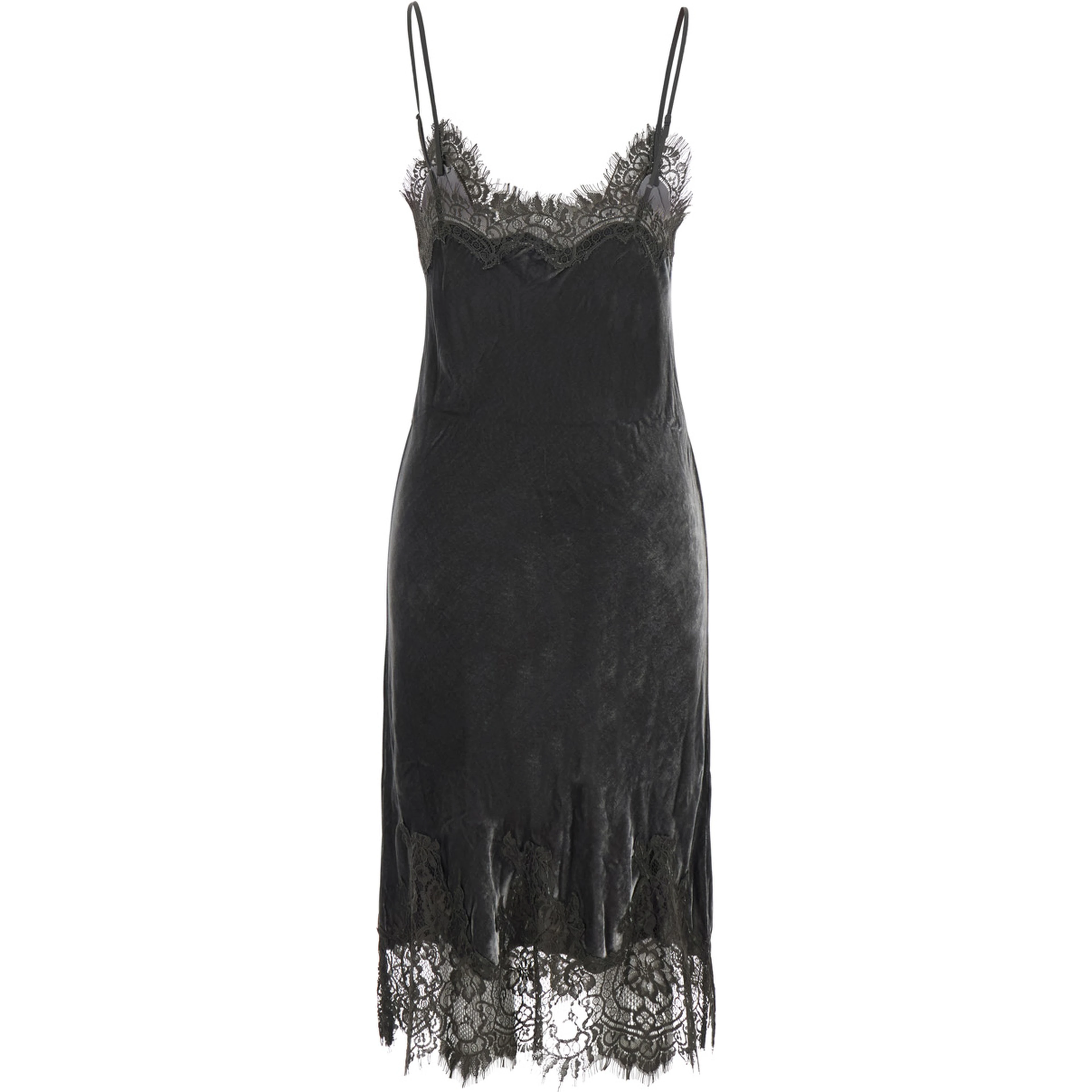 Grey Dress with Spaghetti straps and lace details in velvet for women