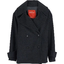 Gray coat with lapel collar and pockets, in fabric, for women