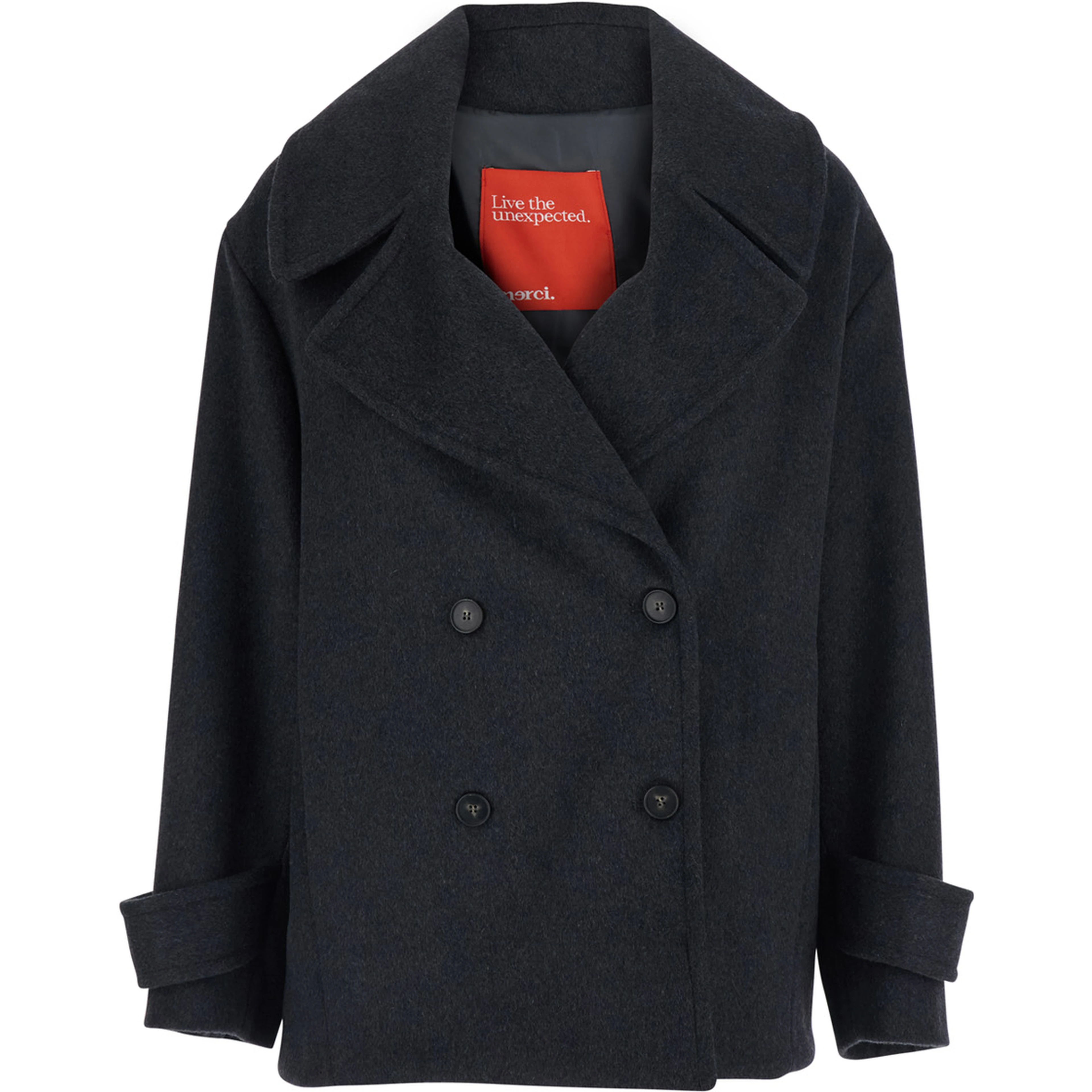 Gray coat with lapel collar and pockets, in fabric, for women