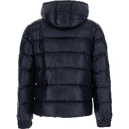 blue Down jacket with fixed hood and logo patch on the sleeve in glossy Tech Fabric for men