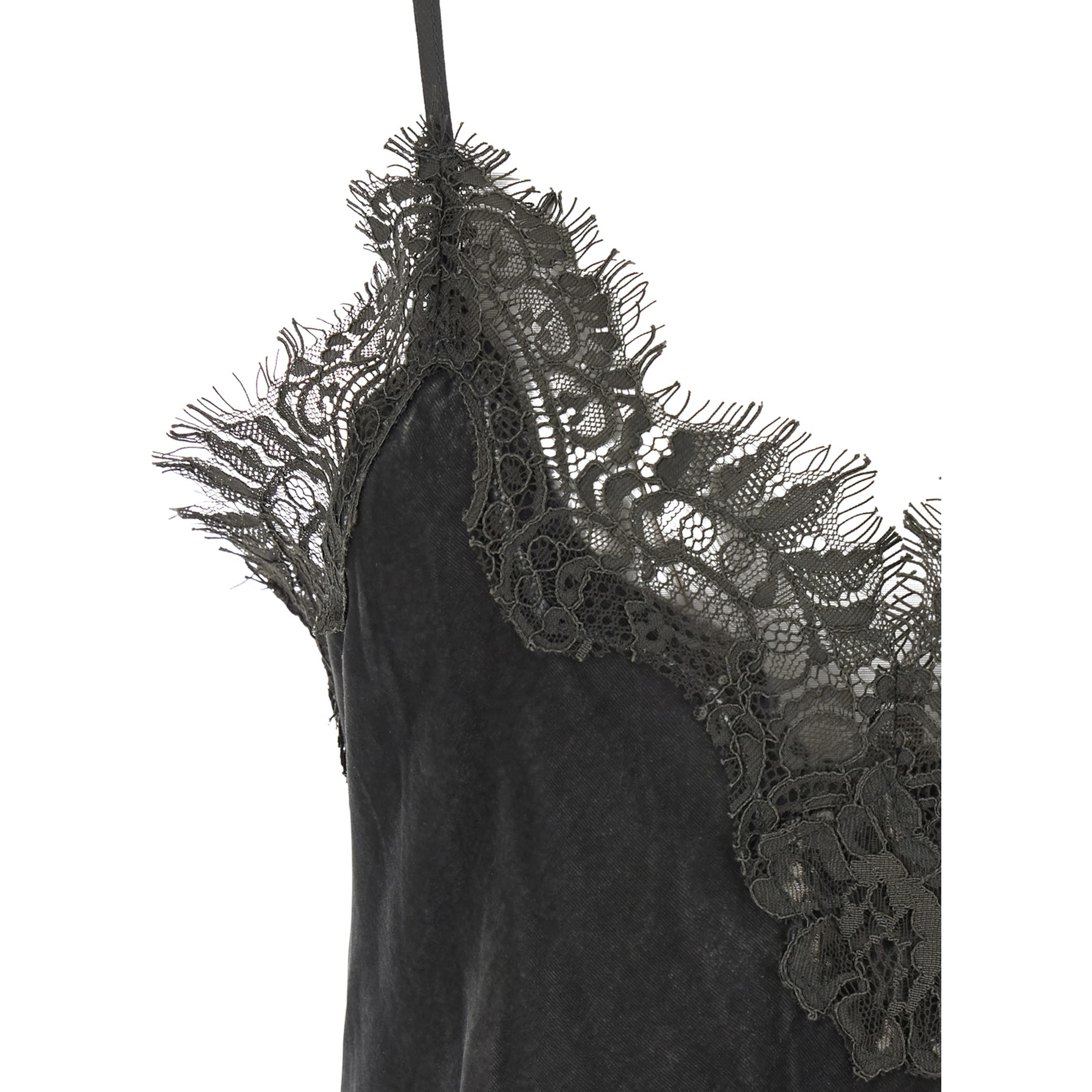 Grey Dress with Spaghetti straps and lace details in velvet for women