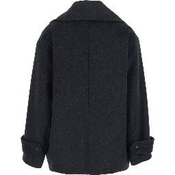 Gray coat with lapel collar and pockets, in fabric, for women