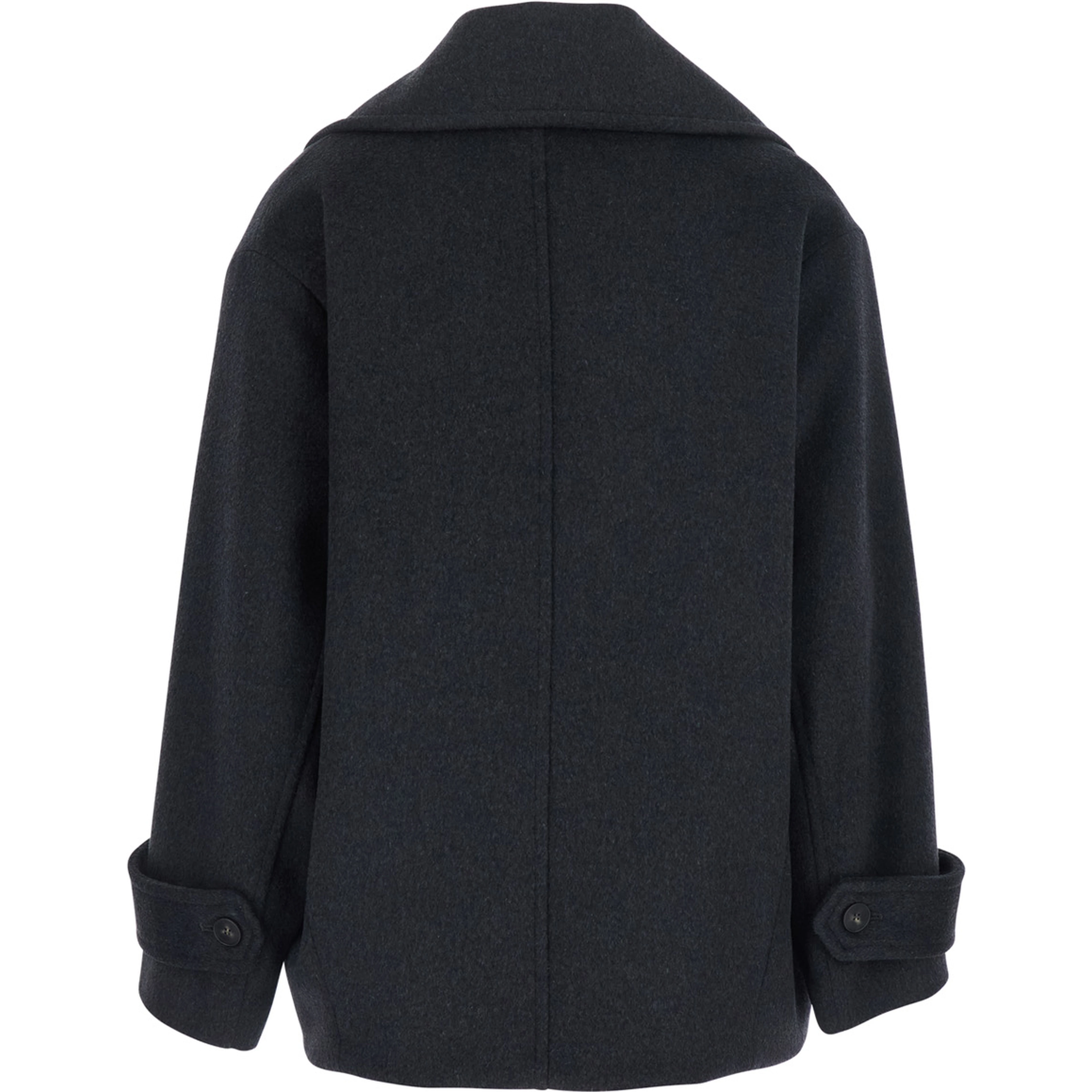 Gray coat with lapel collar and pockets, in fabric, for women