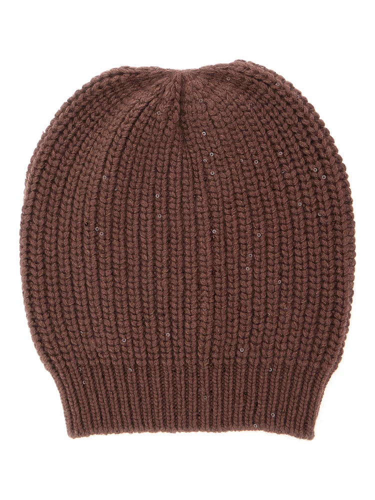 brown knitted beanie with applied sequins in cashmere and silk Women