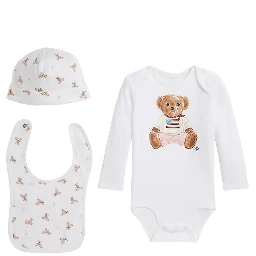 White Logo Baby Bodysuit with Matching Hat and Bib