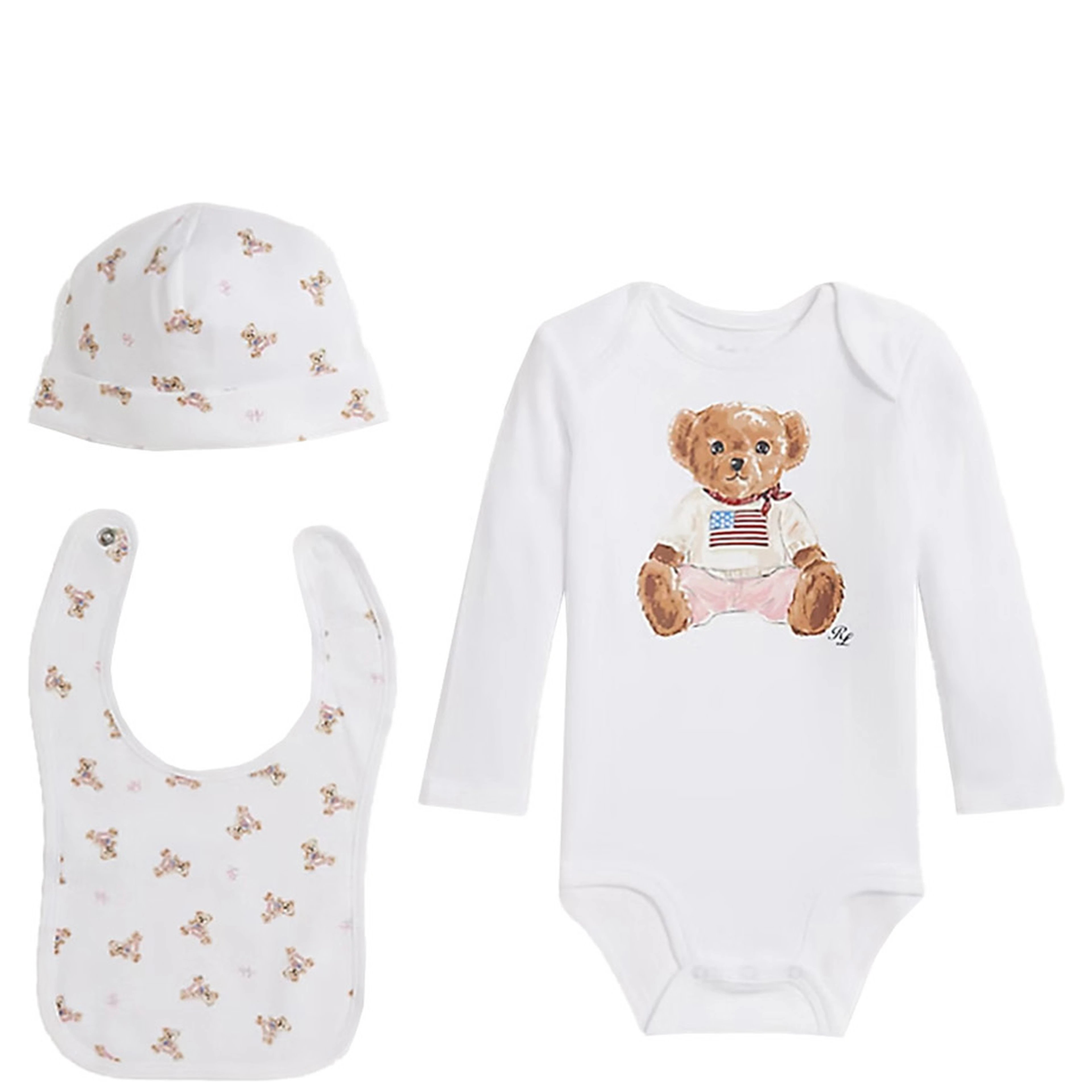 White Logo Baby Bodysuit with Matching Hat and Bib