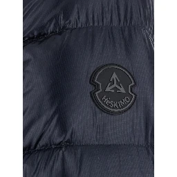 blue Down jacket with fixed hood and logo patch on the sleeve in glossy Tech Fabric for men