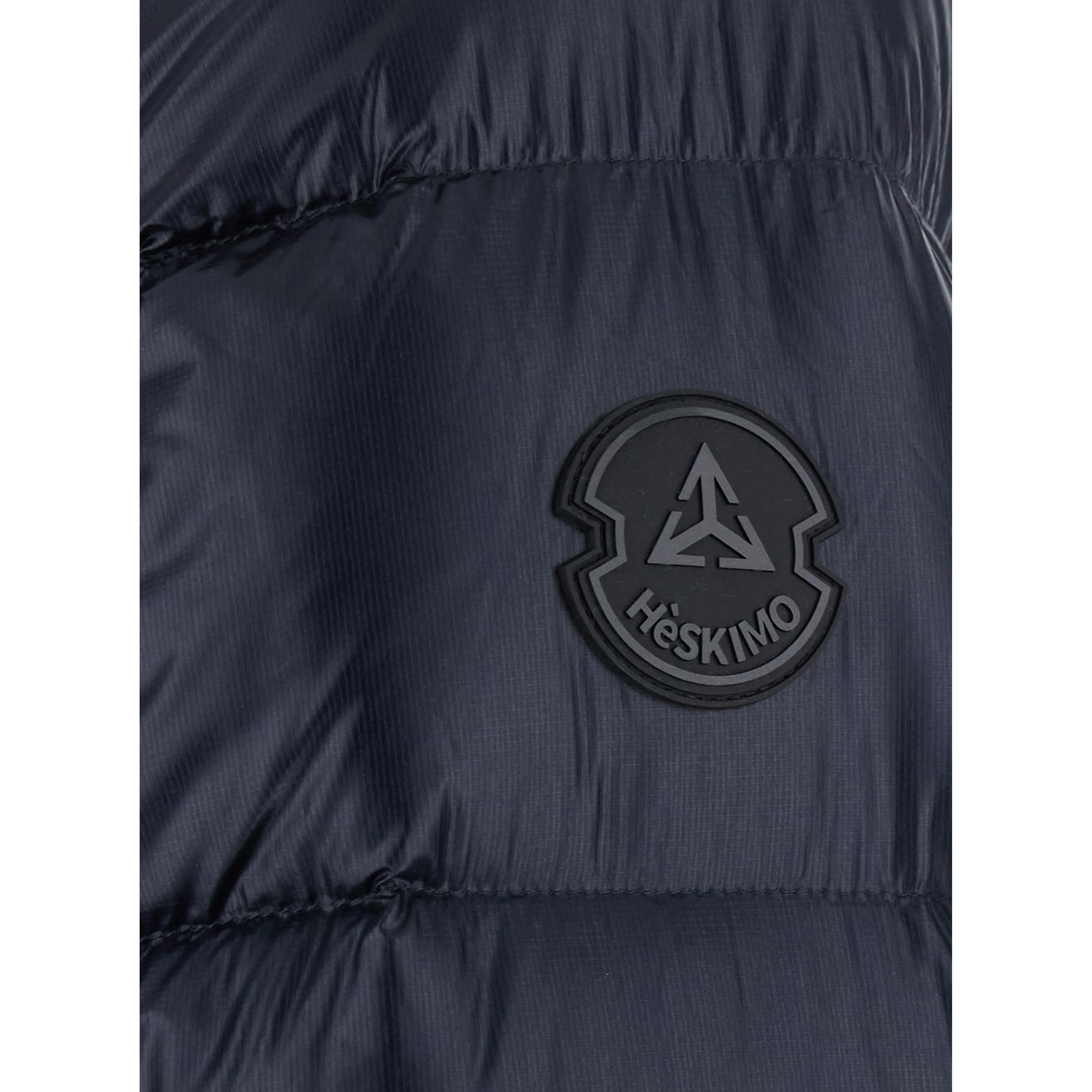 blue Down jacket with fixed hood and logo patch on the sleeve in glossy Tech Fabric for men