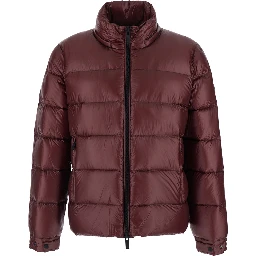 Bordeaux jacket with fixed hood and logo patch on the sleeve in glossy Tech Fabric for men