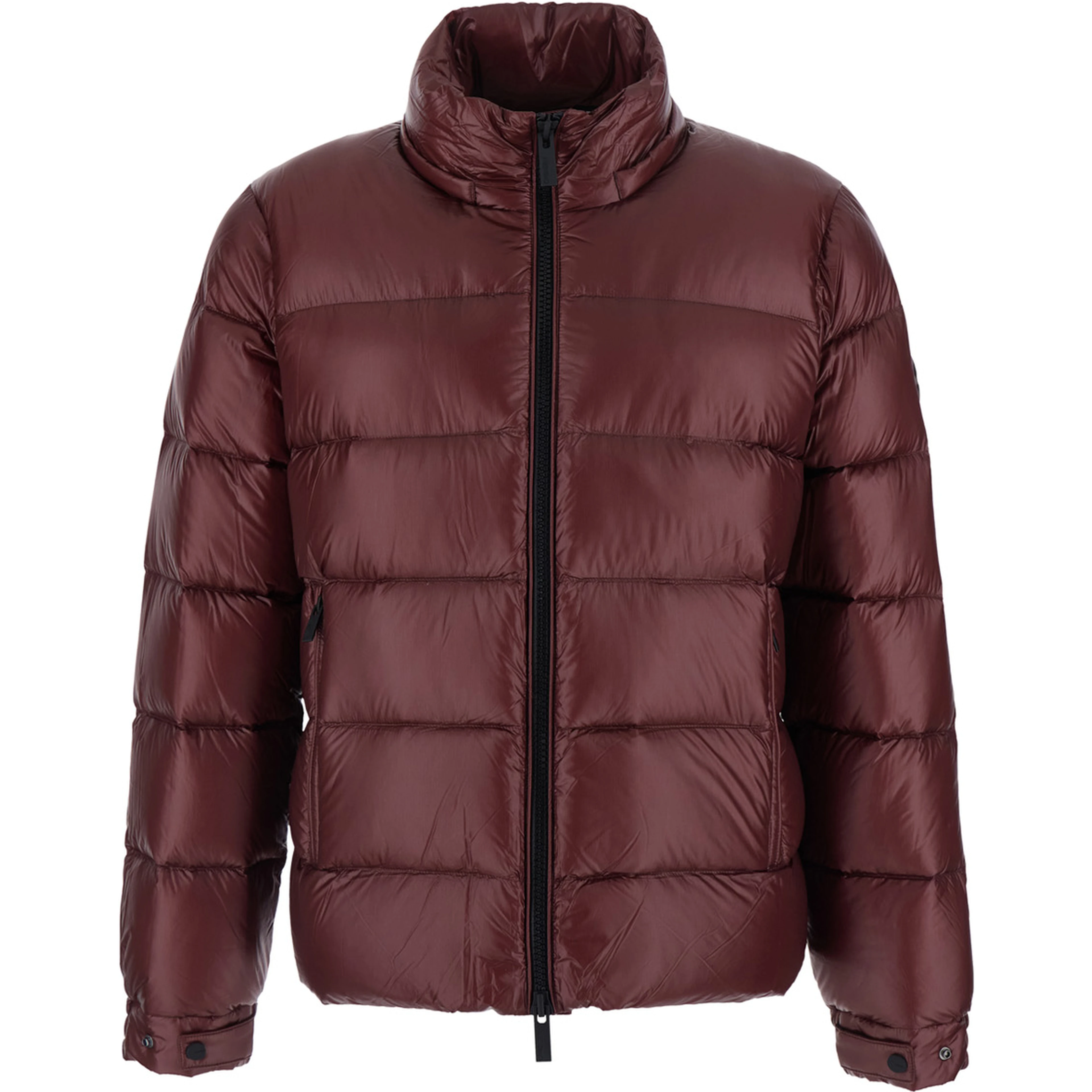 Bordeaux jacket with fixed hood and logo patch on the sleeve in glossy Tech Fabric for men