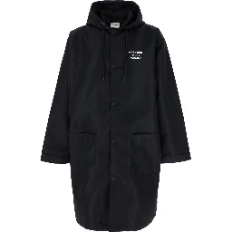 La Parka Slogan Black Parka with Hood with Drawstring and Logo Print on Front and Back in Tech Fabric for Men