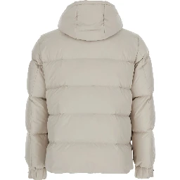 beige Down jacket with fixed hood and long sleeves in Tech Fabric for men