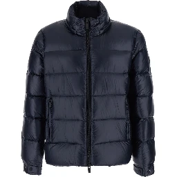 blue Down jacket with fixed hood and logo patch on the sleeve in glossy Tech Fabric for men
