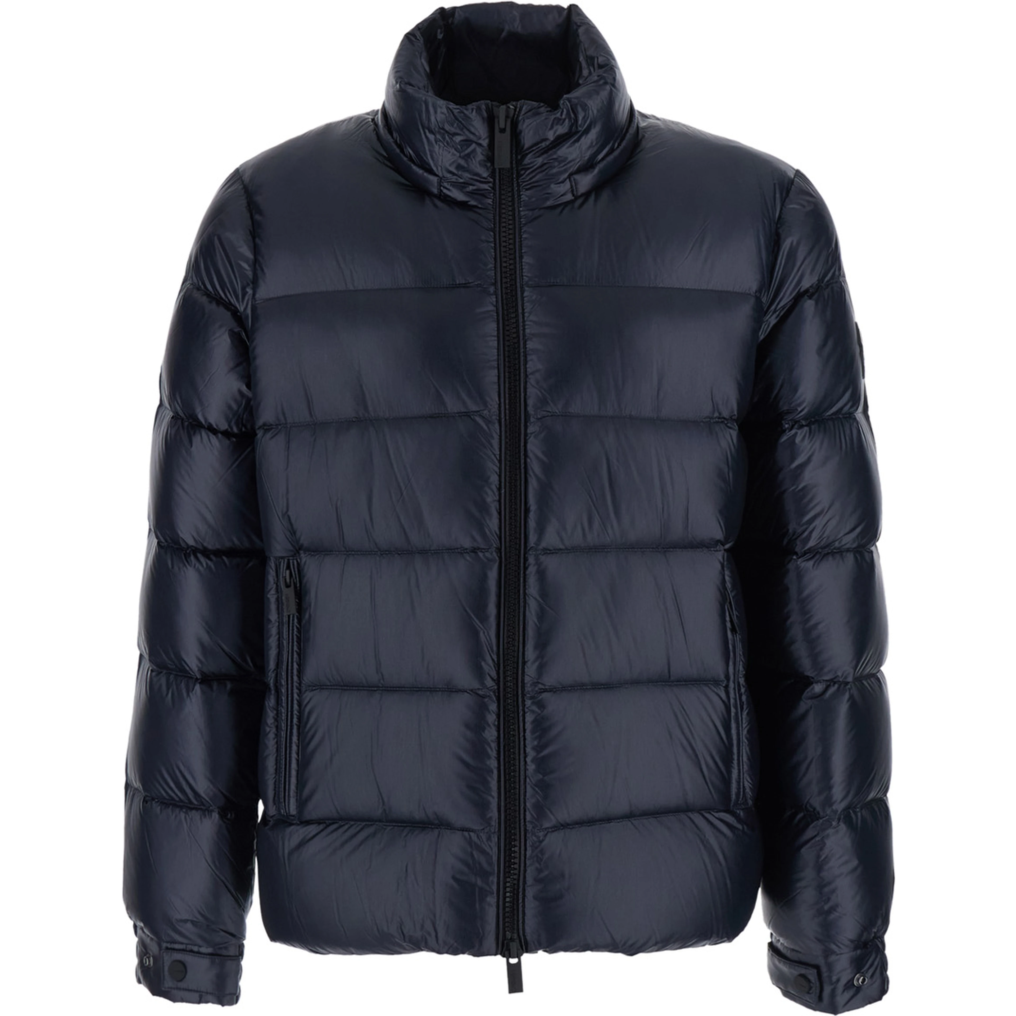 blue Down jacket with fixed hood and logo patch on the sleeve in glossy Tech Fabric for men