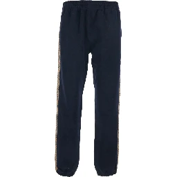 Blue Pants with Elastic Waist and Side Check Motif Stripes in Cotton Man