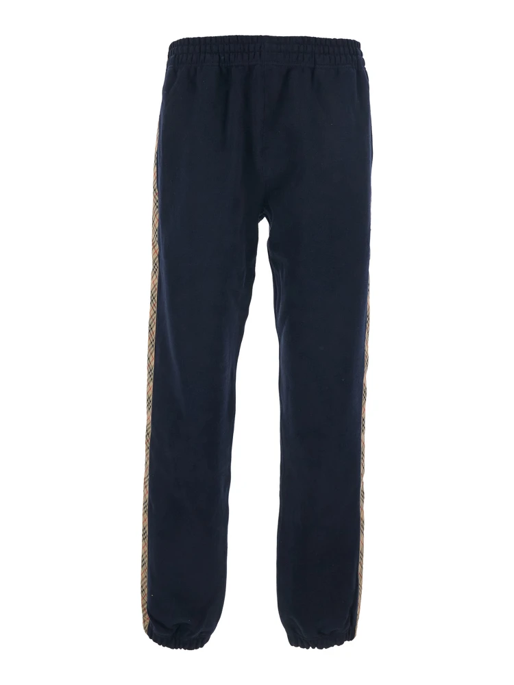 Blue Pants with Elastic Waist and Side Check Motif Stripes in Cotton Man