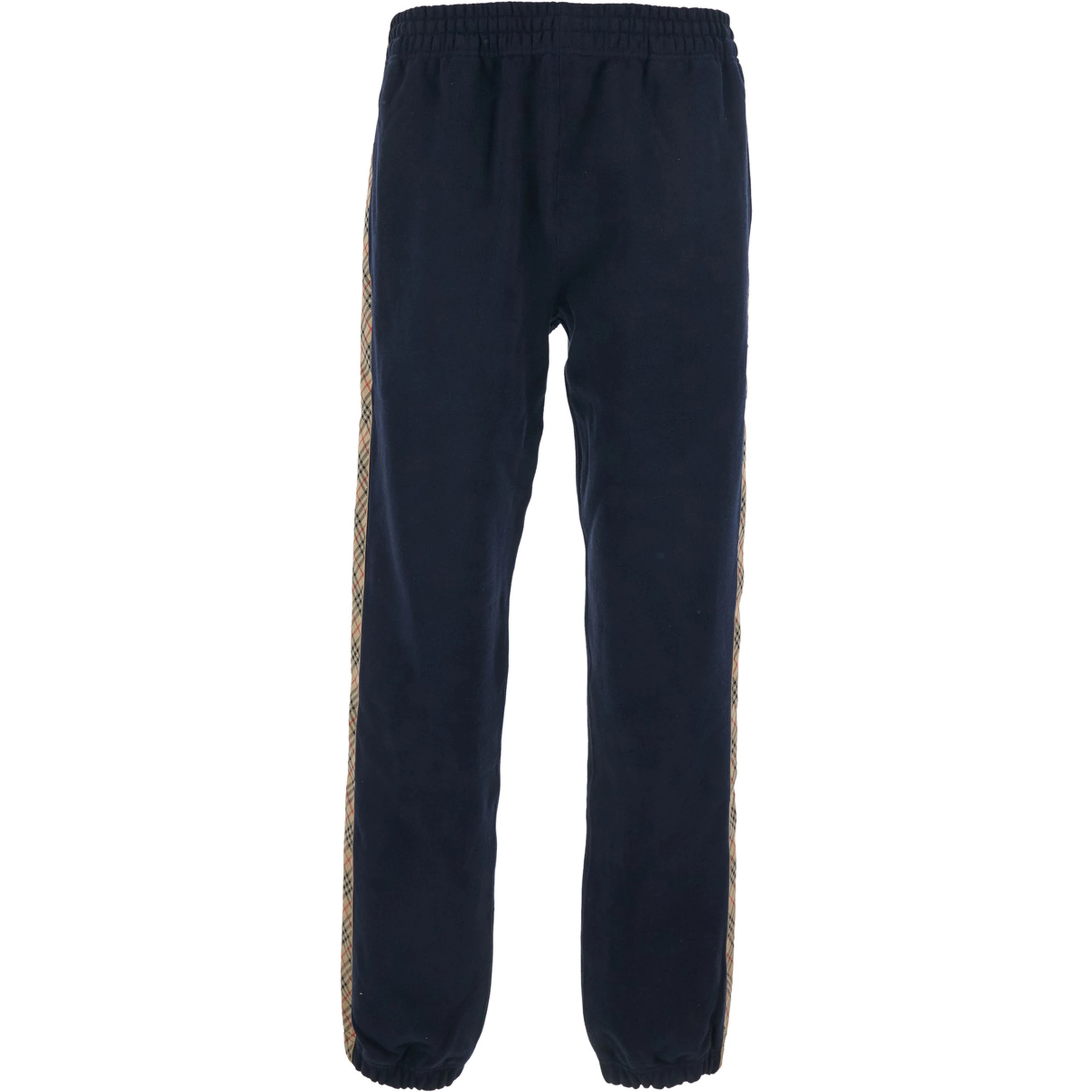 Blue Pants with Elastic Waist and Side Check Motif Stripes in Cotton Man