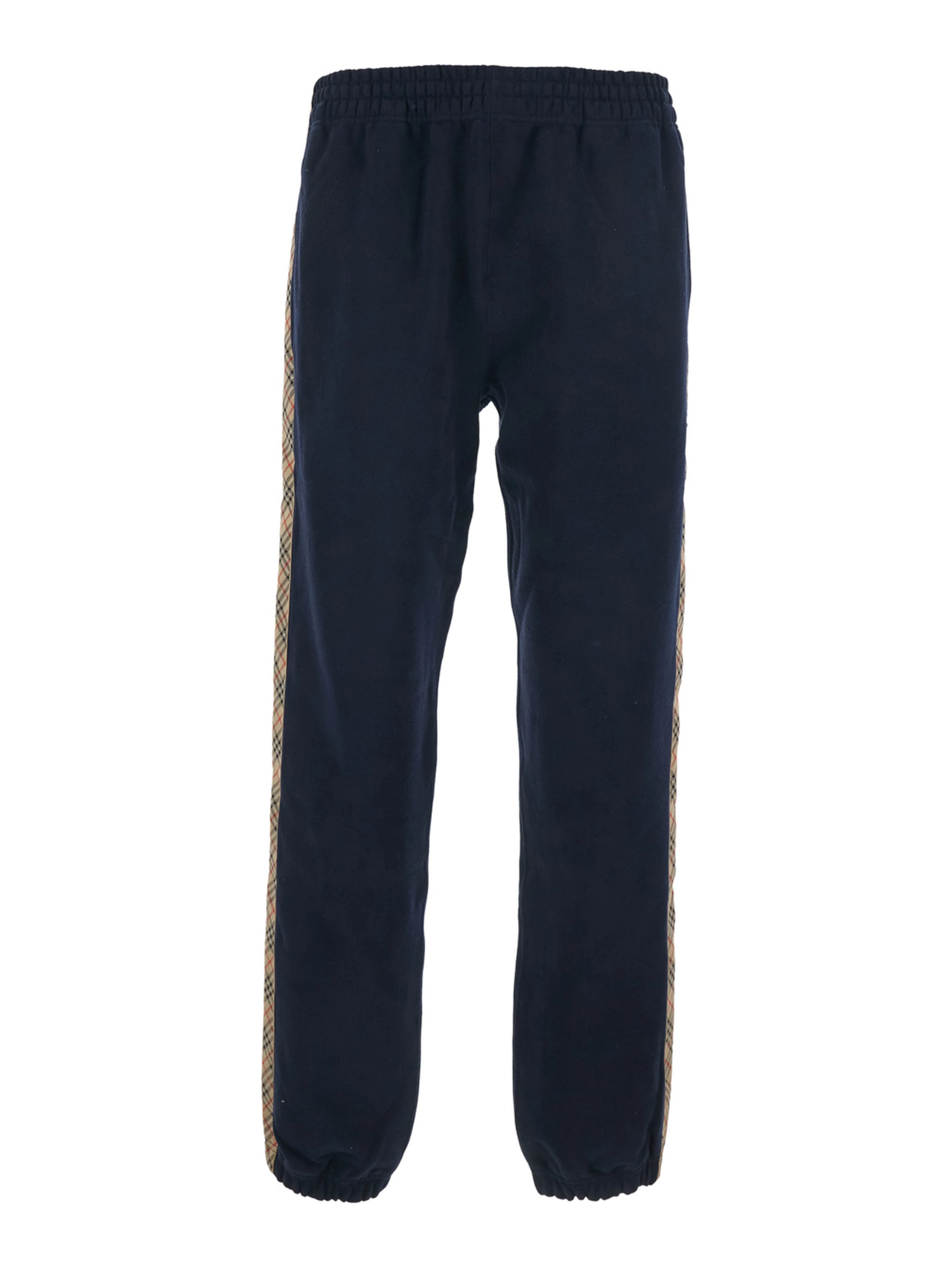 Blue Pants with Elastic Waist and Side Check Motif Stripes in Cotton Man