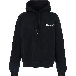 Black Hoodie with Drawstring and Lettering Logo on the Front in Cotton for Men