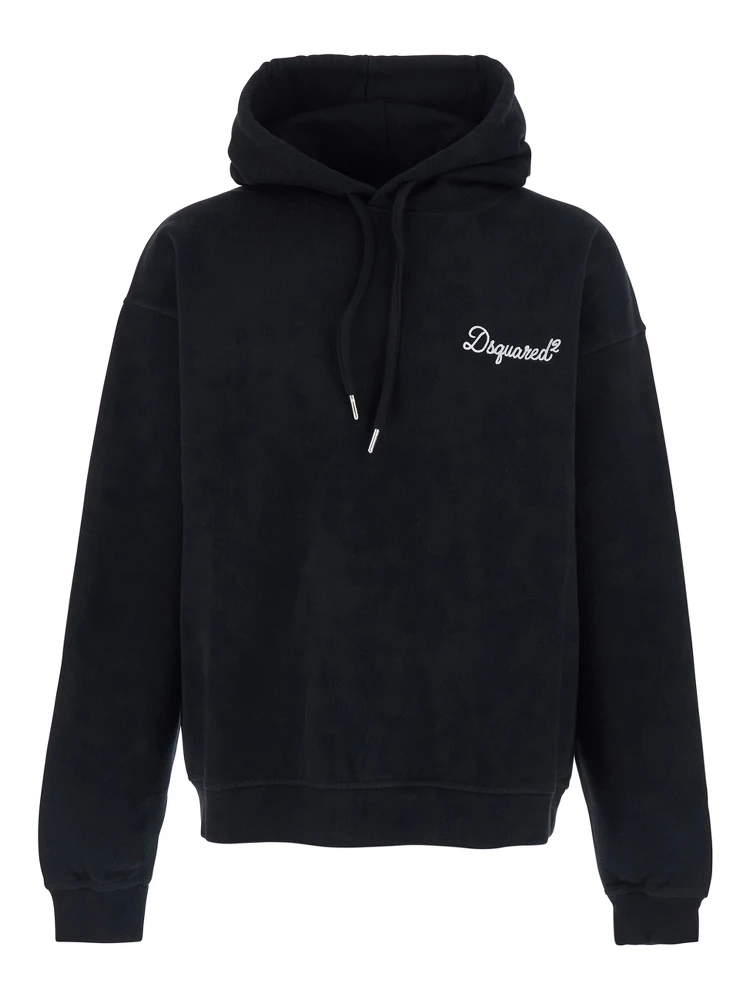 Black Hoodie with Drawstring and Lettering Logo on the Front in Cotton for Men
