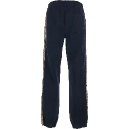 Blue Pants with Elastic Waist and Side Check Motif Stripes in Cotton Man