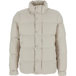 beige Down jacket with fixed hood and long sleeves in Tech Fabric for men