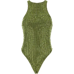 One-Piece Swimsuit with Racerback and Striped Sequins in Green Tech Fabric for Women