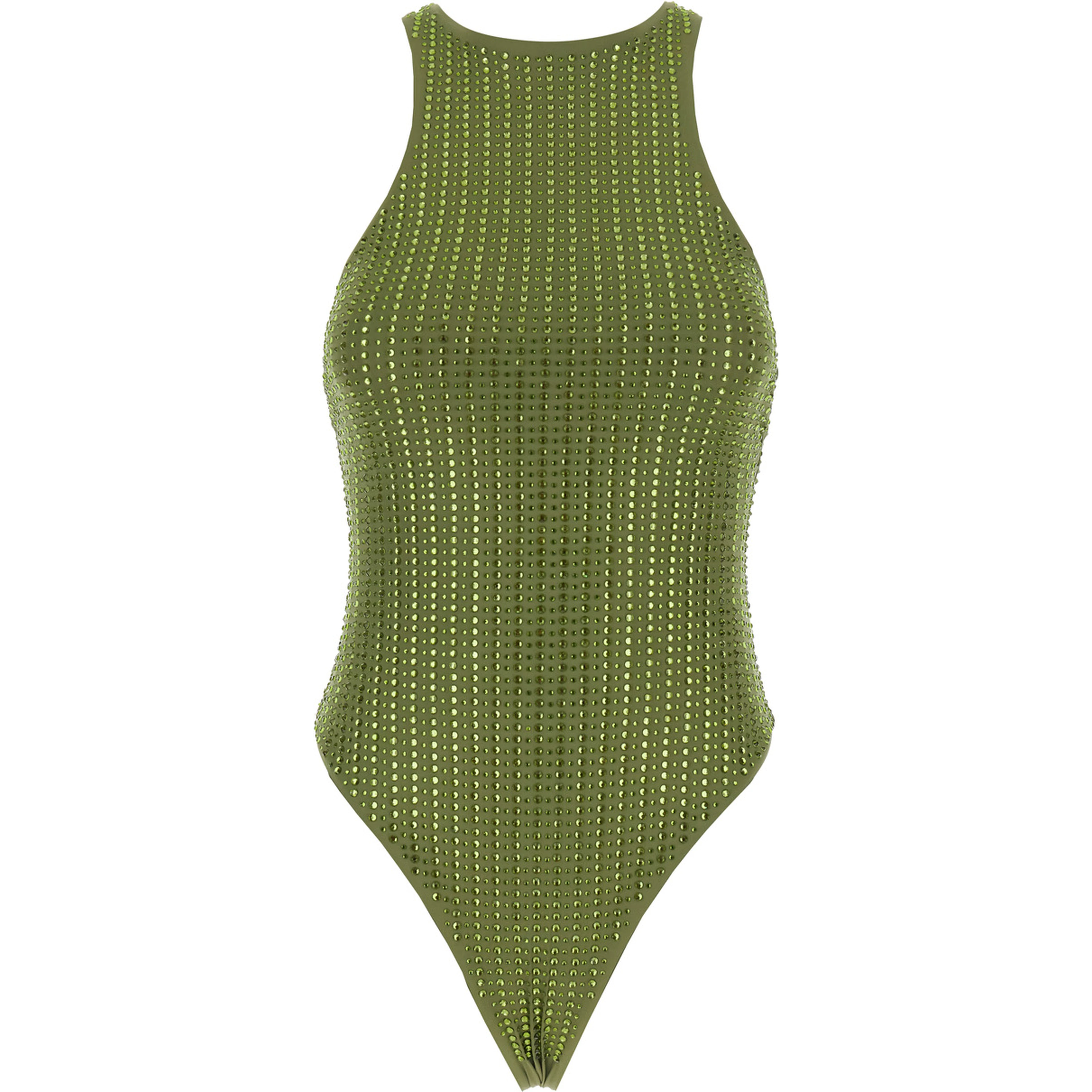 One-Piece Swimsuit with Racerback and Striped Sequins in Green Tech Fabric for Women