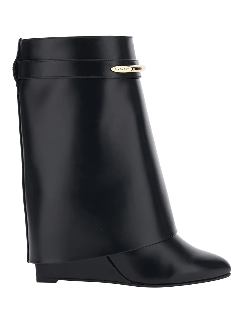 Black Wedge Heel Ankle Boots with Logo Plate on the Side in Leather for Women