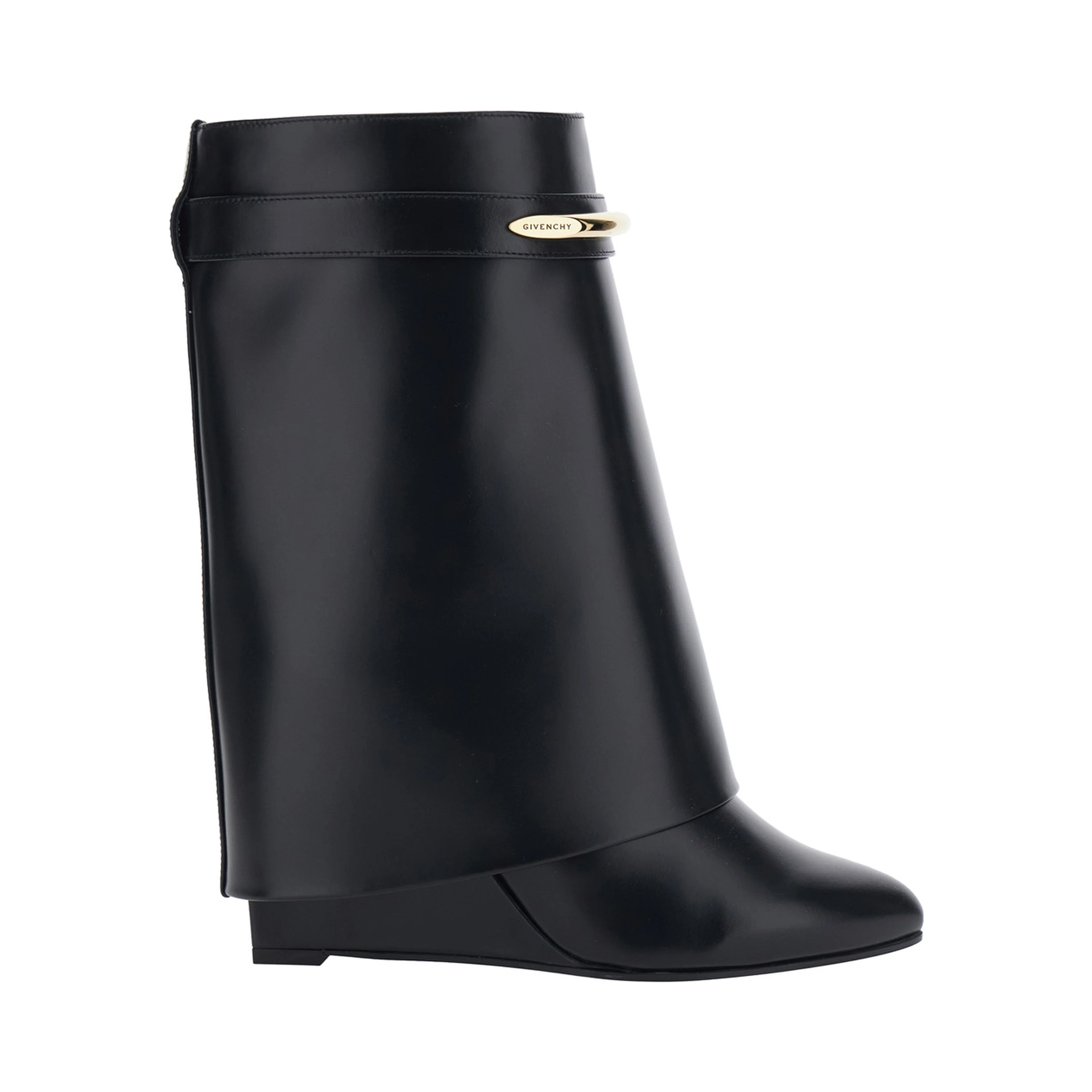 Black Wedge Heel Ankle Boots with Logo Plate on the Side in Leather for Women