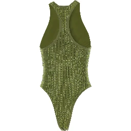 One-Piece Swimsuit with Racerback and Striped Sequins in Green Tech Fabric for Women