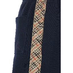 Blue Pants with Elastic Waist and Side Check Motif Stripes in Cotton Man