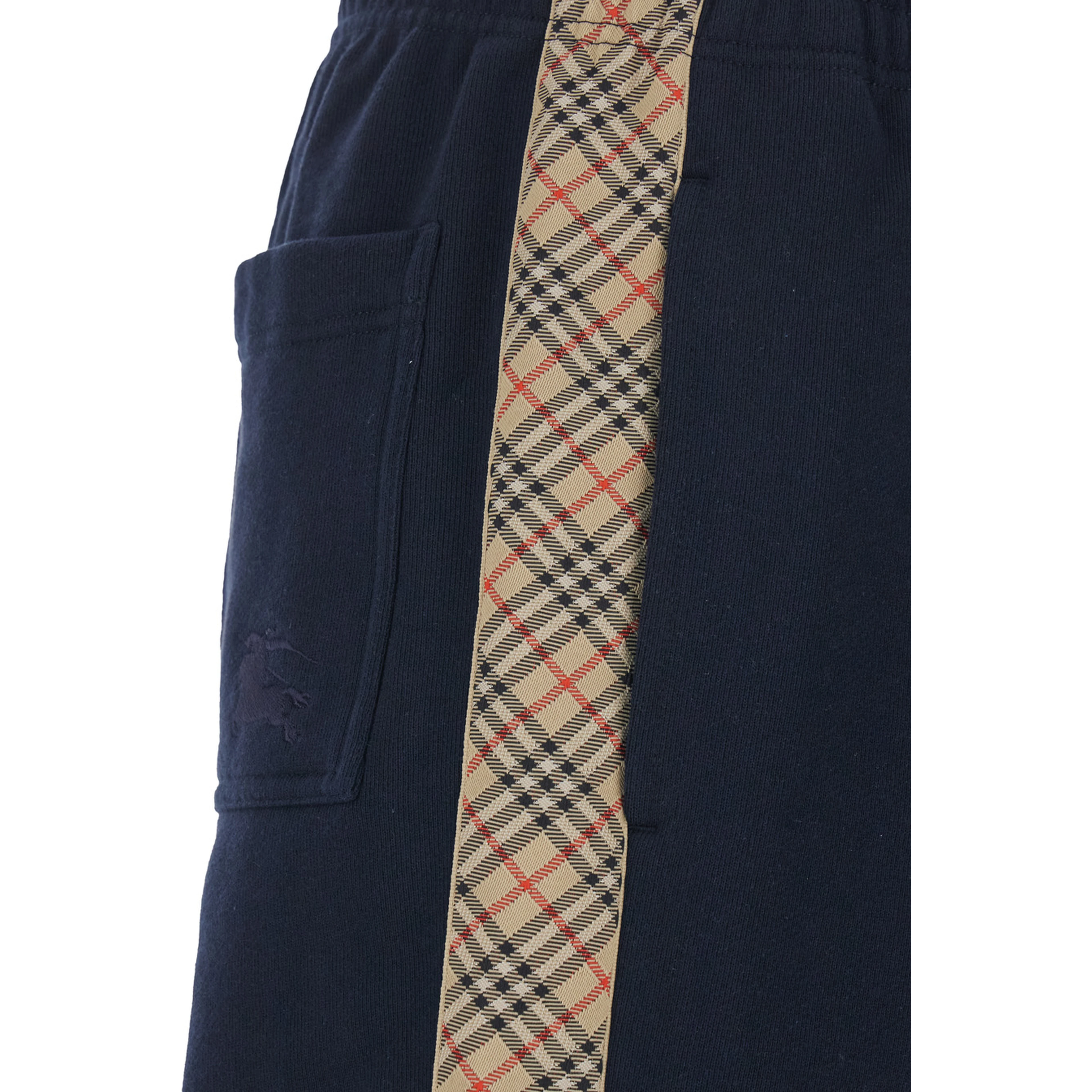 Blue Pants with Elastic Waist and Side Check Motif Stripes in Cotton Man