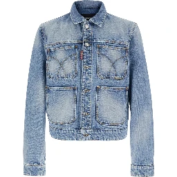 Light Blue Jacket 70s with Classic Collar and Four Patch Pockets on the Front in Denim for Men