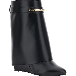 Black Wedge Heel Ankle Boots with Logo Plate on the Side in Leather for Women