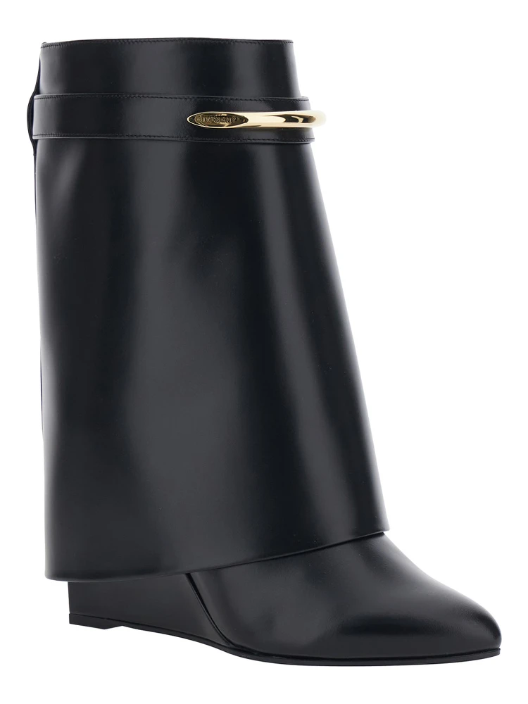 Black Wedge Heel Ankle Boots with Logo Plate on the Side in Leather for Women alternative