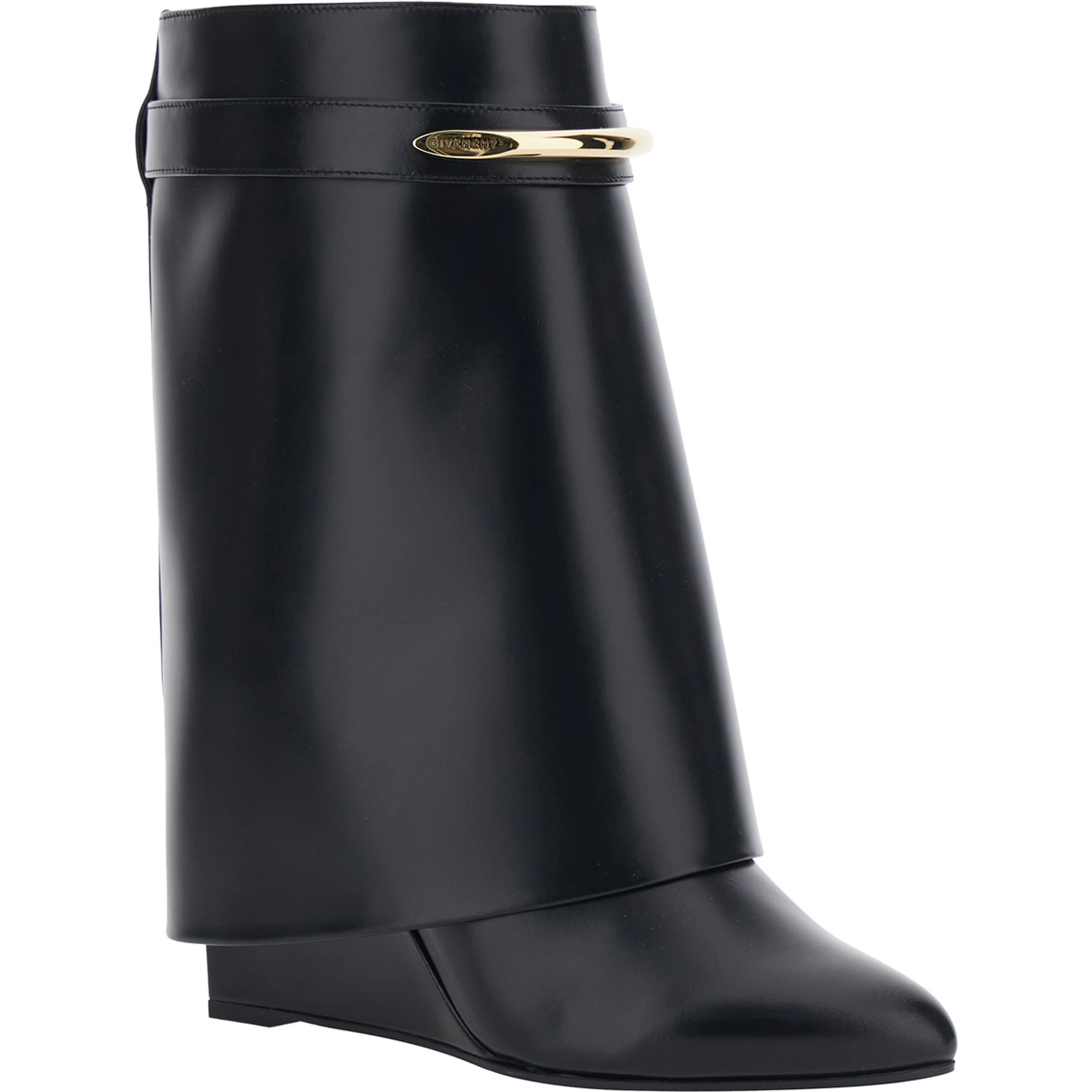 Black Wedge Heel Ankle Boots with Logo Plate on the Side in Leather for Women